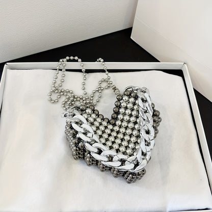 Mini Beads Woven Heart Shape Thick Metal Chain Crossbody Bag, Acrylic Textured Lipstick Purse, Classic Versatile Fashion Shoulder Bag