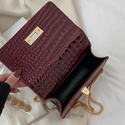 Classic Crocodile Pattern Square Chain Bag, Vintage Flap Shoulder Bag, Textured Handbag Wallet