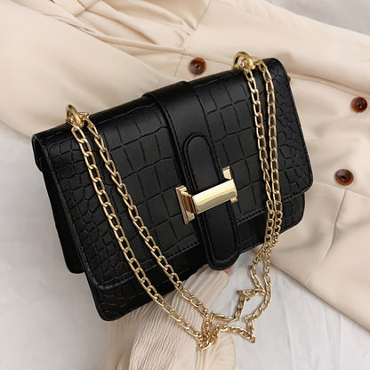 Crocodile Embossed Shoulder Bag, Women's Buckle Decor Crossbody Bag, Trendy Chain Square Purse