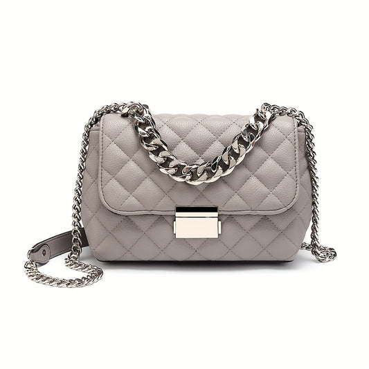 Luxury Chain Crossbody Bag, Women's Argyle Quilted Handbag, Fashion Soft Leather PU Square Purse