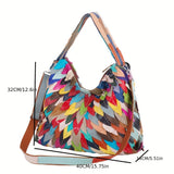 realaiot  Colorful Leaves Stitching Tote Bag, Genuine Leather Crossbody Bag, Vintage Hobo Shoulder Bag For Women