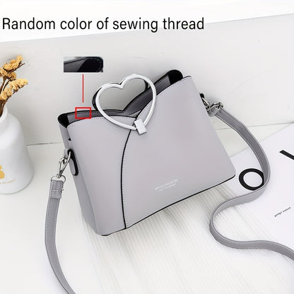 Metal Heart Shaped Handle Crossbody Bag, Solid Color PU Leather Textured Bag Purse, Classic Versatile Fashion Shoulder Bag