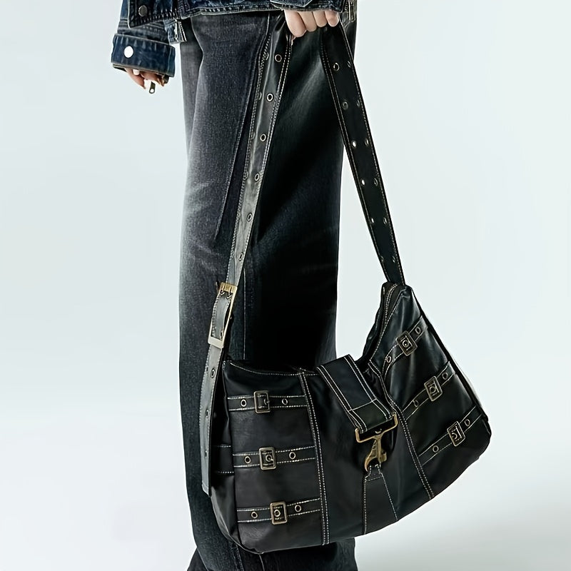 realaiot  Vintage Punk Style Crossbody Bag, Retro Gothic Shoulder Bag, Women's Y2K Grunge Handbag & Purse