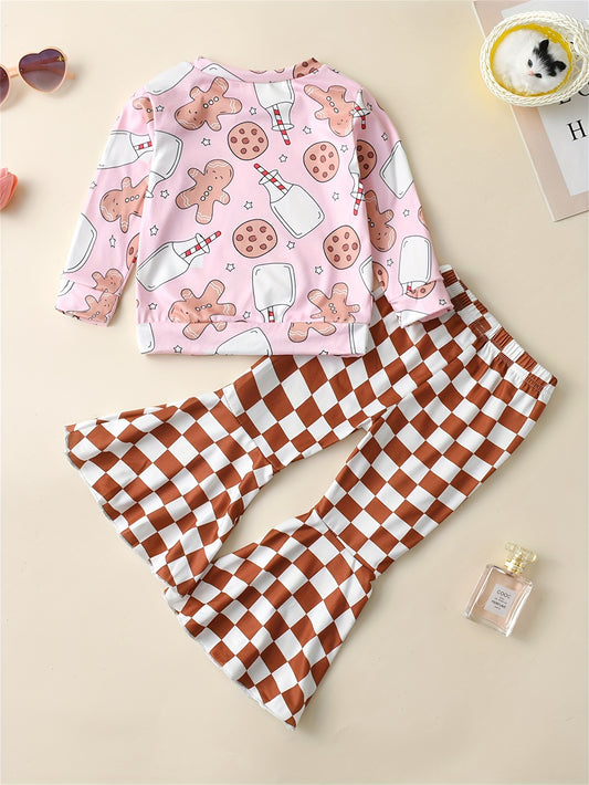 Toddler Girls Cartoon Gingerbread Man Graphic Pullover + Plaid Flare Pants Kids outdoor Clothes Christmas