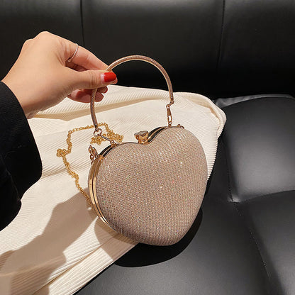 Mini Heart Shaped Pron Purse, Glitter Chain Crossbody Bag, Women's Box Handbag For Wedding & Party (5.6*4.9*1.6) Inch