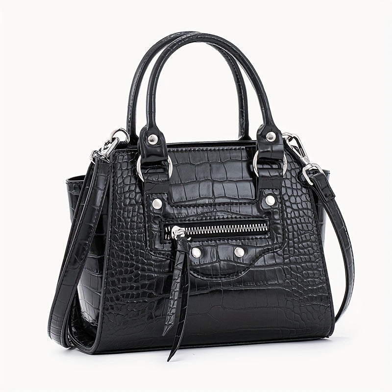 realaiot Black Crocodile Pattern Shoulder Bag, Classic Textured Top Handle Wallet For Women, Punk Style Handbag
