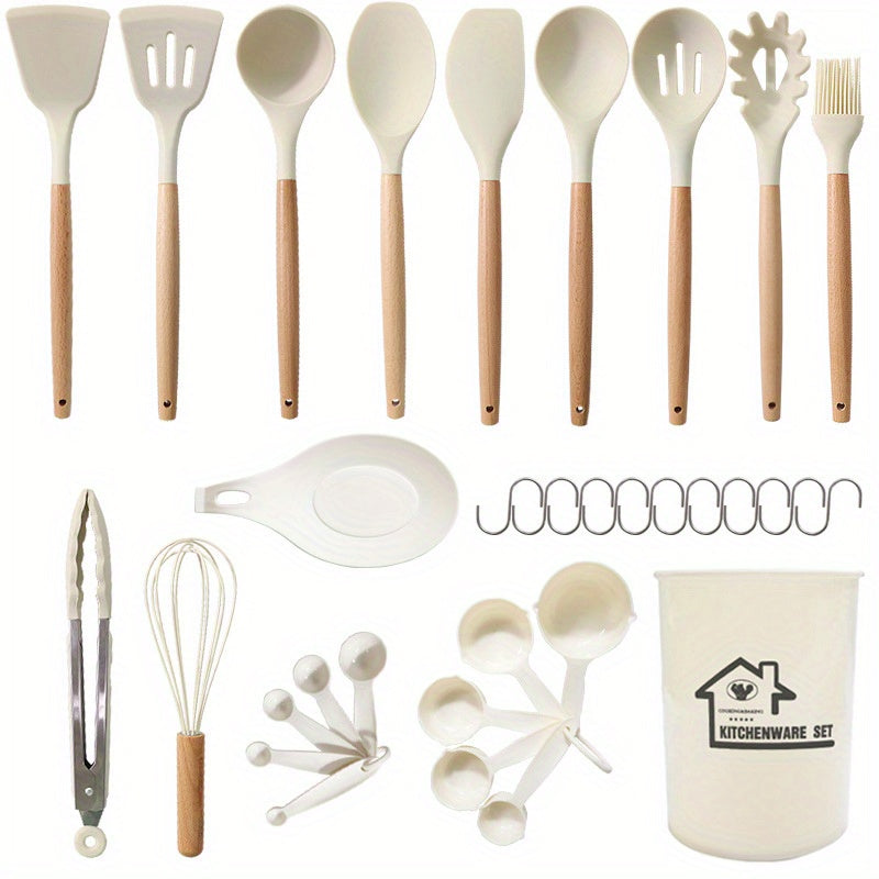 3/13/33pcs Wooden Handle Silicone Kitchenware Silicone Spoon Shovel Kitchen Gadgets Set Kitchen Cooking Tools Back To School Supplies