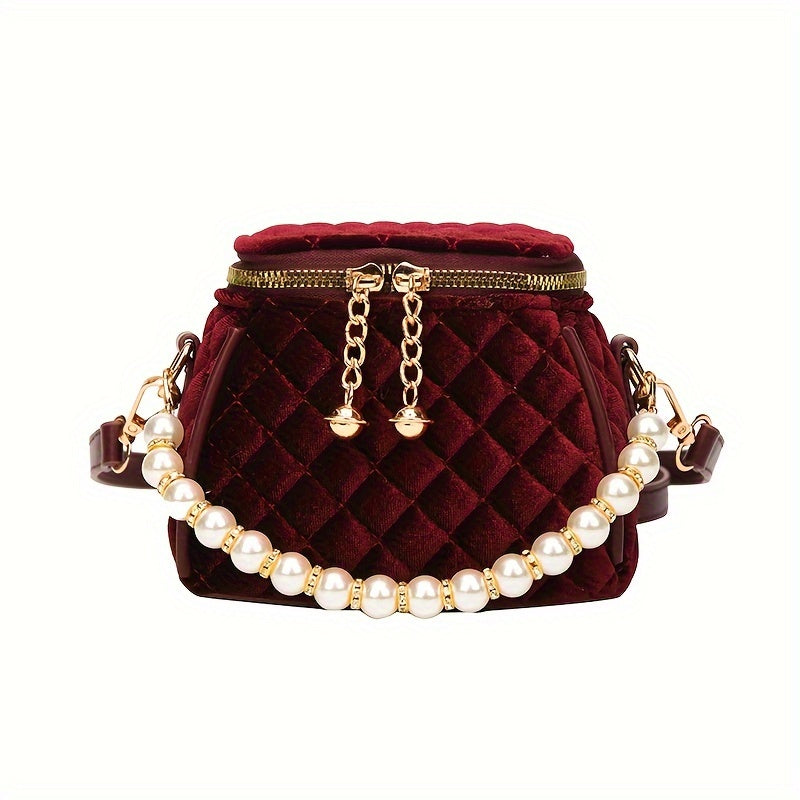realaiot  Mini Velvet Quilted Crossbody Bag, Pearl Decor Shoulder Bag, Women's Fashion Handbag & Purse