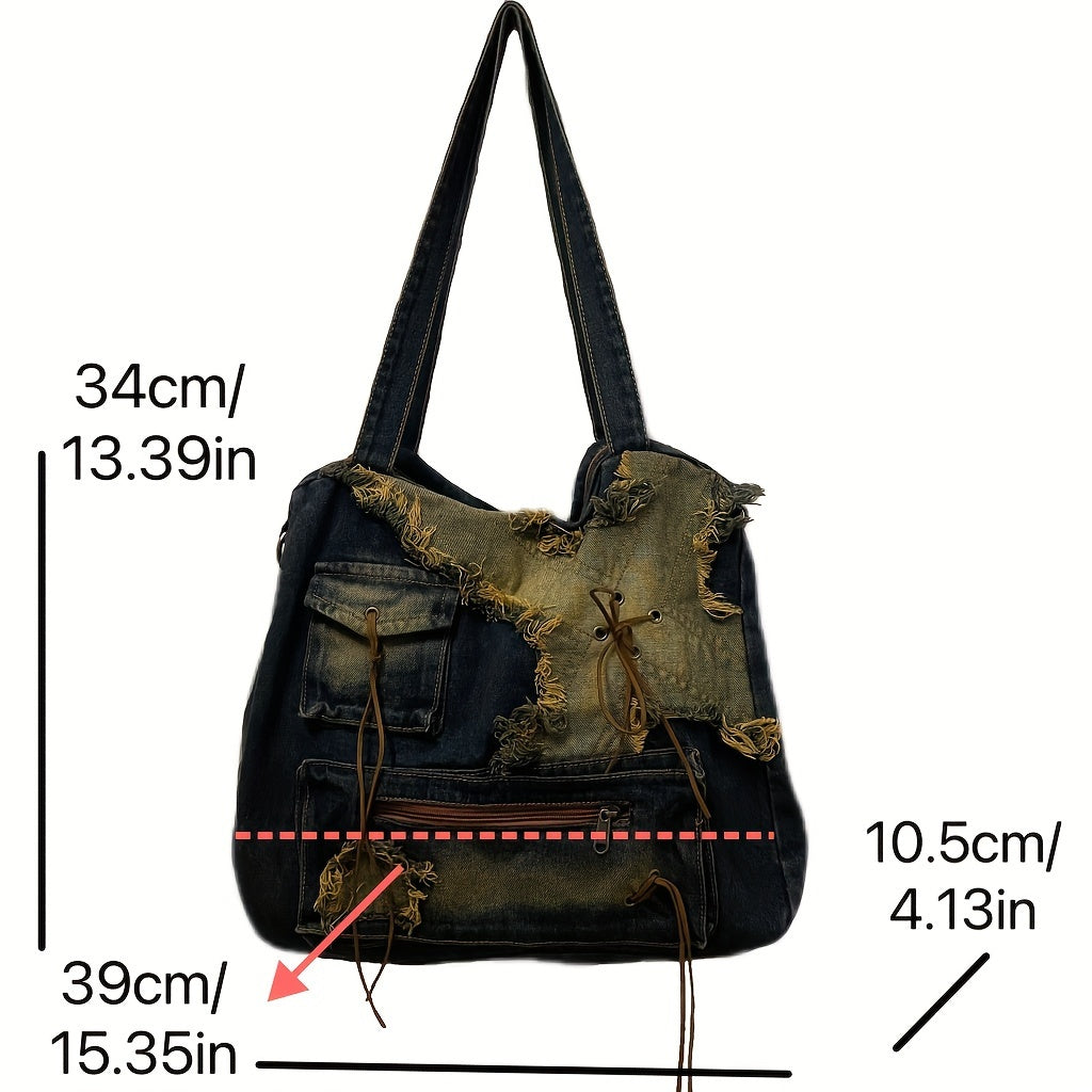 Vintage Grunge Shoulder Bag, Retro Denim Tote Bag, Women's Hippie Y2K Handbag, Crossbody Bag & Hobo Purse