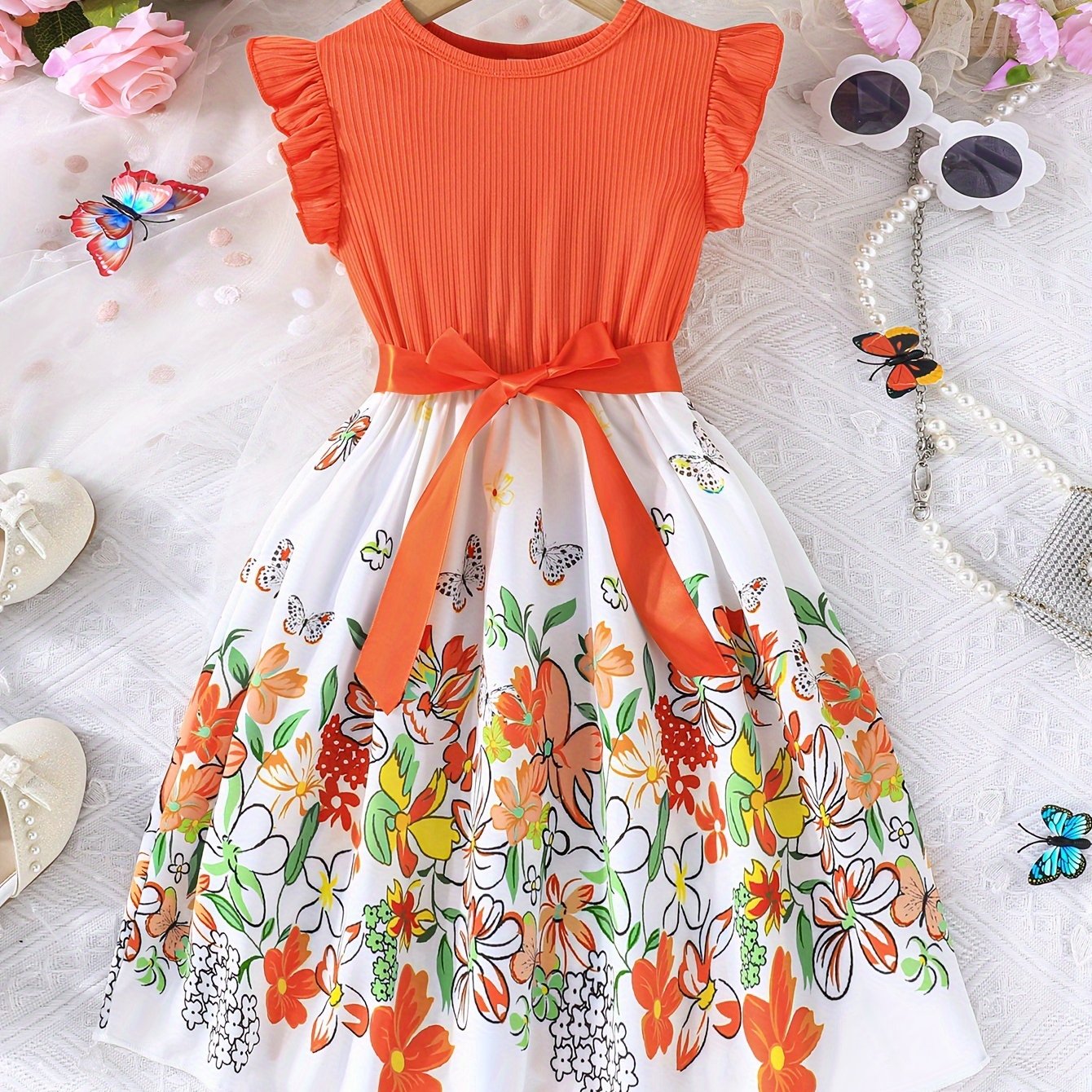 Floral Sleeveless Dress with Flutter Trim & Bow Belt - Perfect Summer Attire