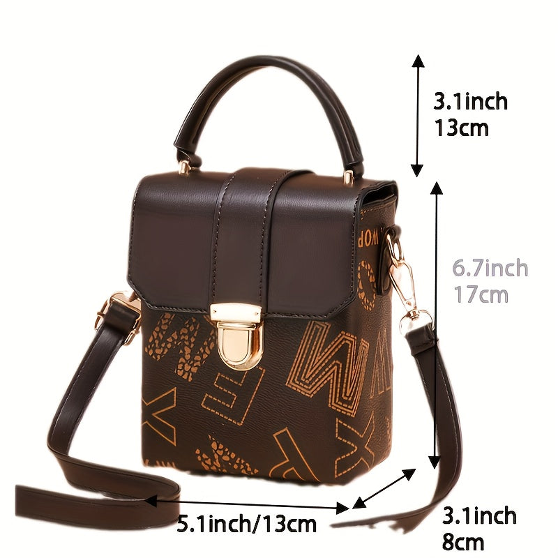 realaiot  Retro Mini Square Handbag, Letter Print Crossbody Bag, Women's Buckle Mobile Phone Bag