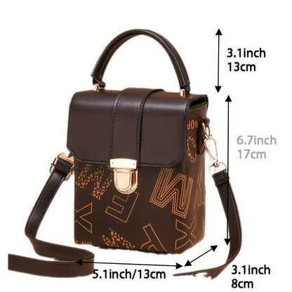 realaiot  Retro Mini Square Handbag, Letter Print Crossbody Bag, Women's Buckle Mobile Phone Bag