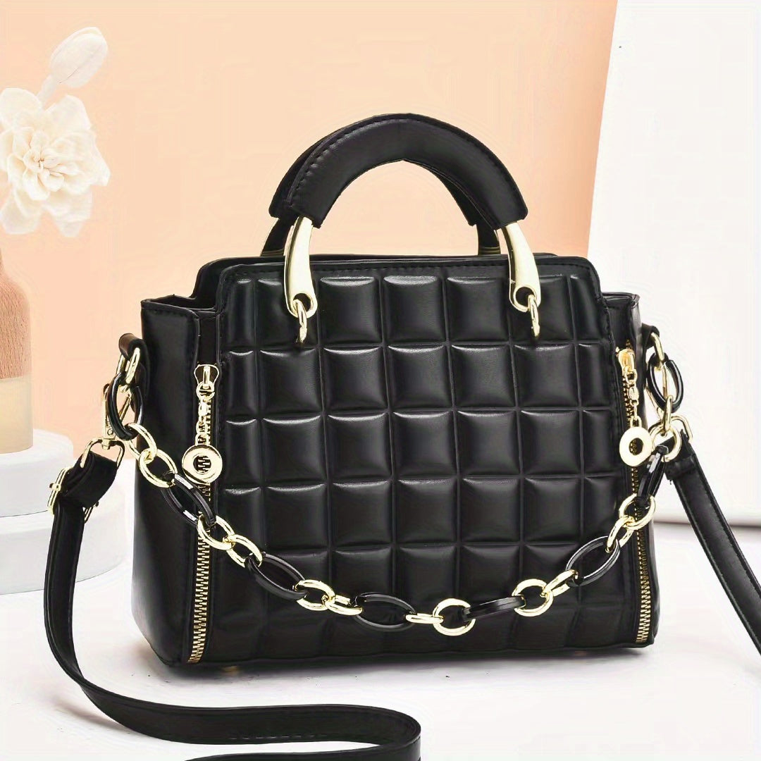 Plaid Embossed Handbag, Trendy Chain Decor Crossbody Bag, Top Handle PU Purse For Women