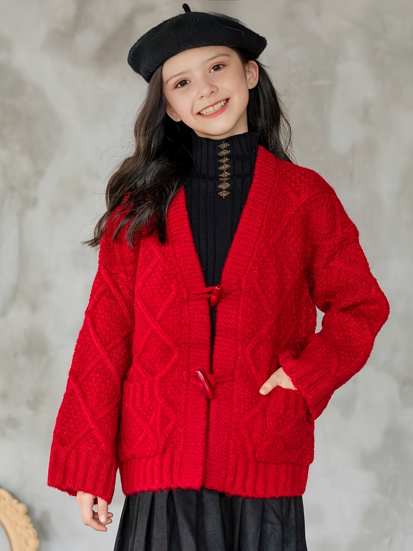 Casual Pockets Knit Cardigan Coat For Girls, Solid Color Long Sleeve Knitted Outerwear Winter/ Fall Clothing, 1pc