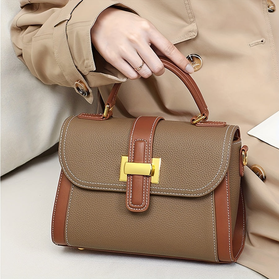 Fashion Textured Handbag For Women, Color Contrast Crossbody Bag, Luxury Top Handle Flap Purses