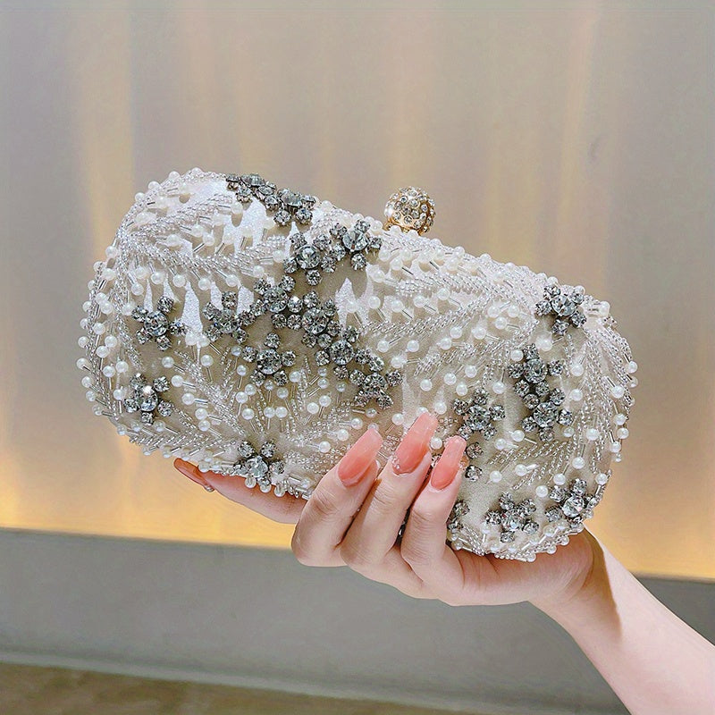 realaiot Faux Pearl & Diamond Kiss Lock Clutch Bag, Party Bag, Metal Chain Cocktail Handbag