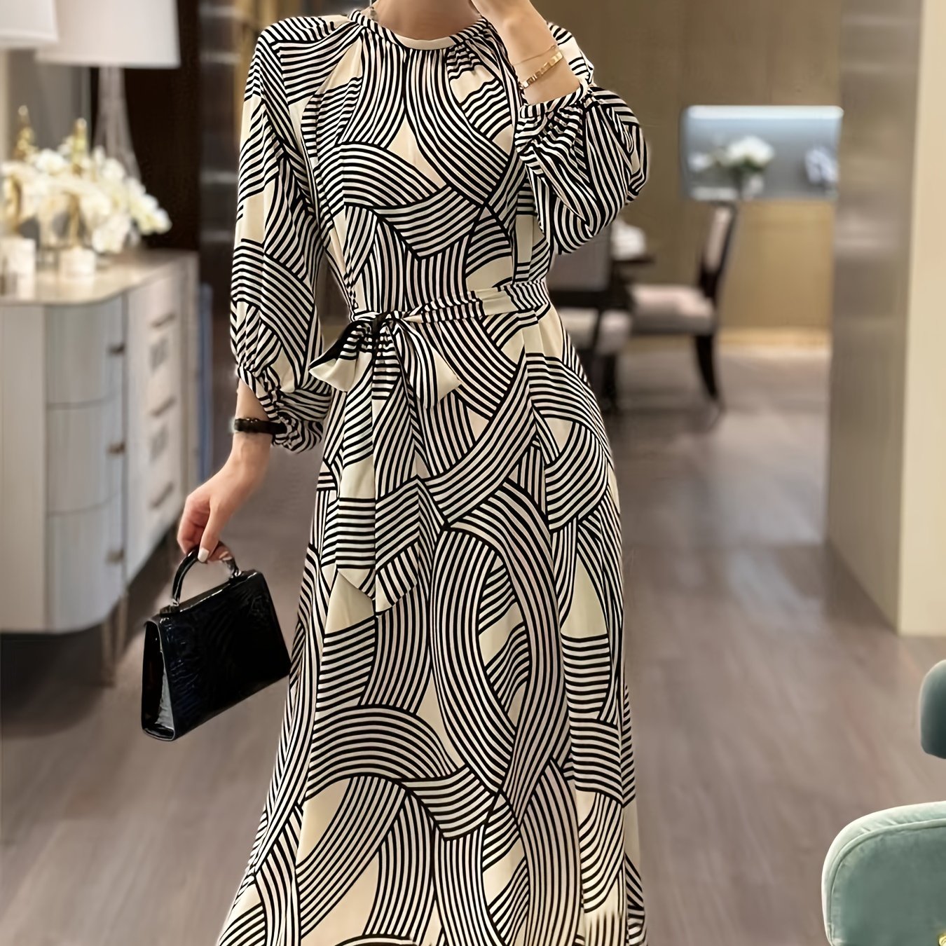 realaiot  Allover Print Belted Maxi Dress, Crew Neck Long Sleeve Elegant Dress, Women's Clothing