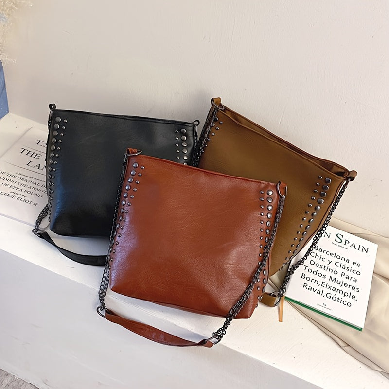 realaiot  Vintage Crossbody Tote Bag, Retro Rivet Shoulder Bag, Women's Fashion Handbag & Bucket Purse