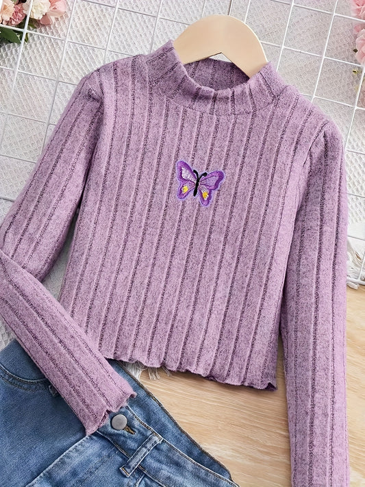 Sweet Butterfly Pattern Girls Mock-Neck Long Sleeve Knit Top Pullover, Suitable For Spring/ Fall, 1 Pc