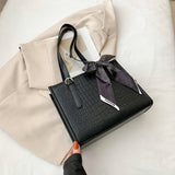 realaiot  Simple Black Crocodile Pattern Tote Bag, Classic Textured Handbag With Scarf Decor For Women