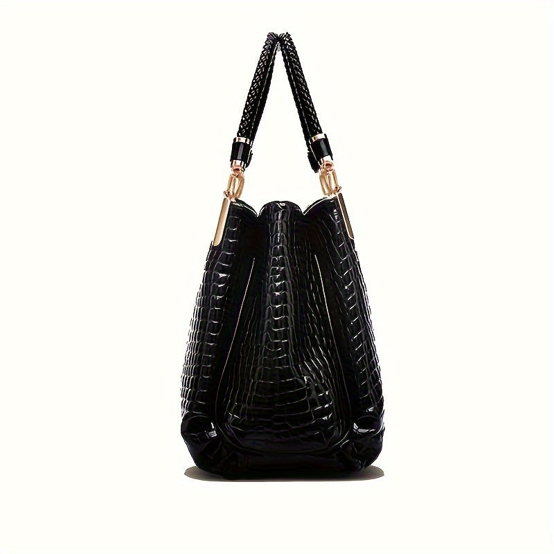 Elegant Crocodile Pattern Handbags, Patent Faux Leather Shoulder Bag, Fashion Ruched Office & Work Purses