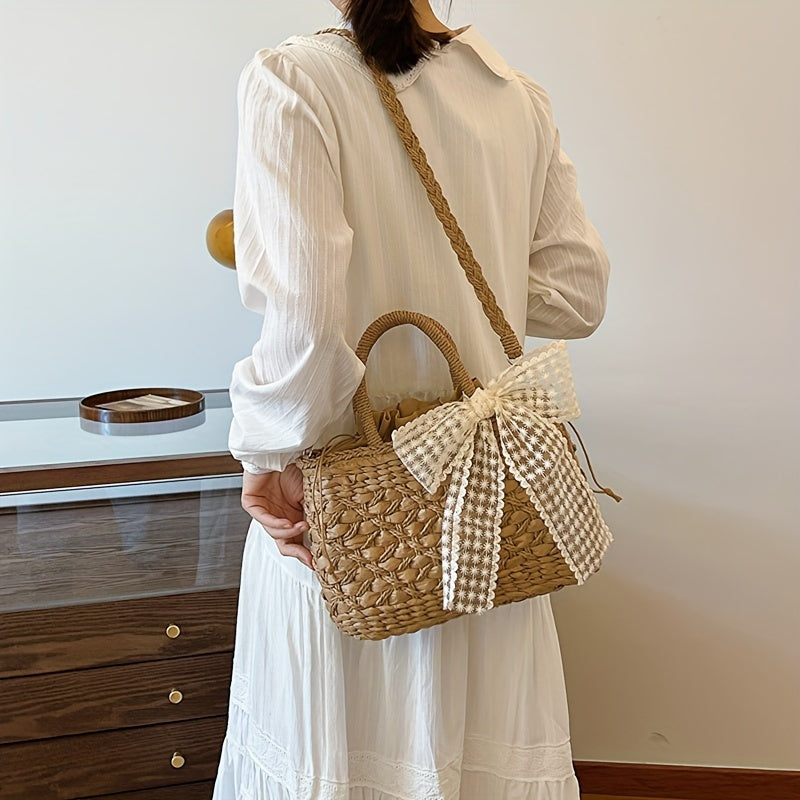 Summer Woven Straw Bag, Retro Paper Straw Woven Handbag, Boho Style Crossbody Bag For Travel Vacation Beach