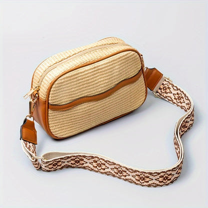 Classic Straw Design Mini Square Shoulder Bag, Bohemian Ethnic Crossbody Bag For Women