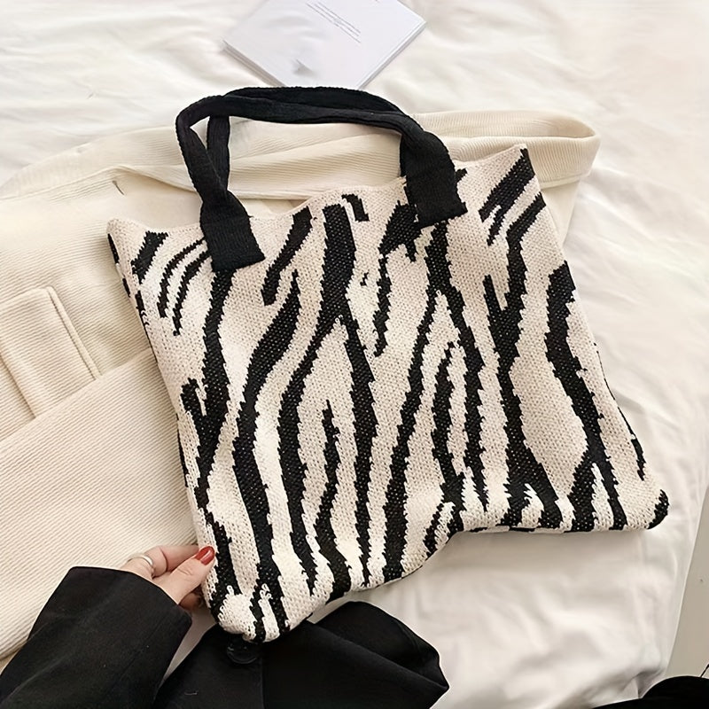 realaiot  Zebra Pattern Crochet Tote Bag,  Aesthetic Handmade Knitted Hobo Bag, Literary Shoulder Bag For Women