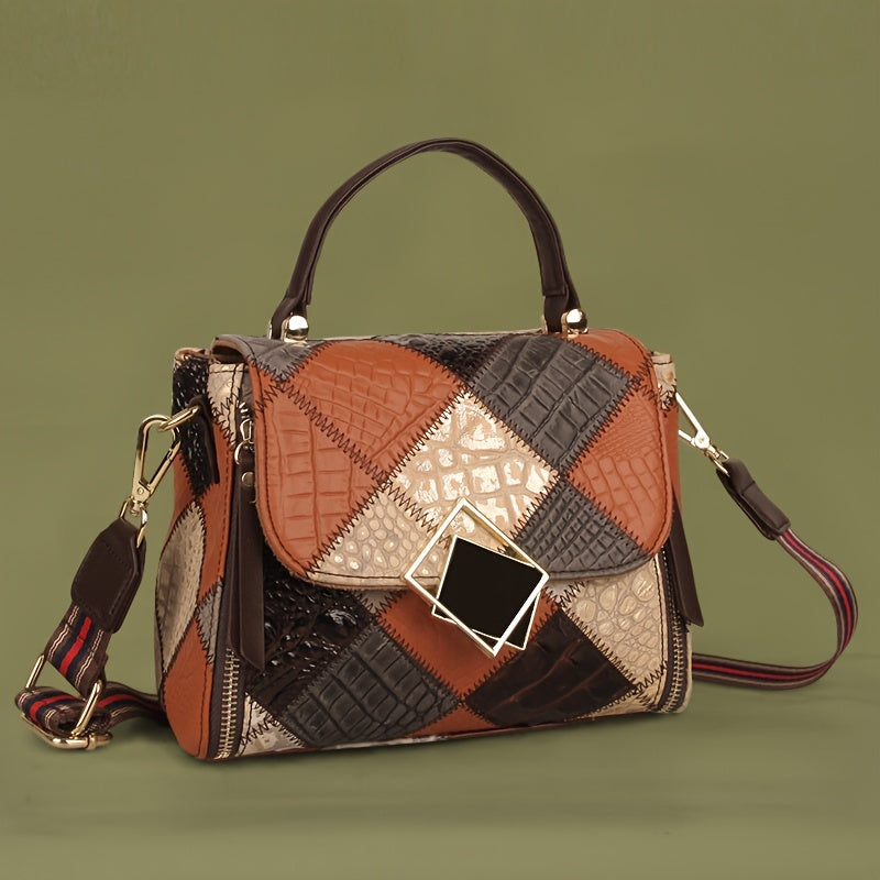 Vintage Argyle Pattern Handbag, Luxury Genuine Leather Flap Purse, Fashion Crossbody Bag For Women