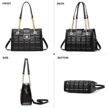 Plaid Embossed Crossbody Bag,  Trendy Chain Shoulder Bag, Turn Lock Handbags For Work