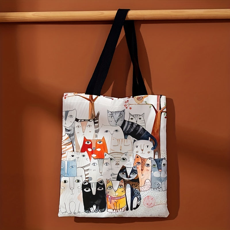 realaiot  Cartoon Cats Print Shoulder Bag, All-Match Canvas Satchel Bag, Lightweight Shopper Bag