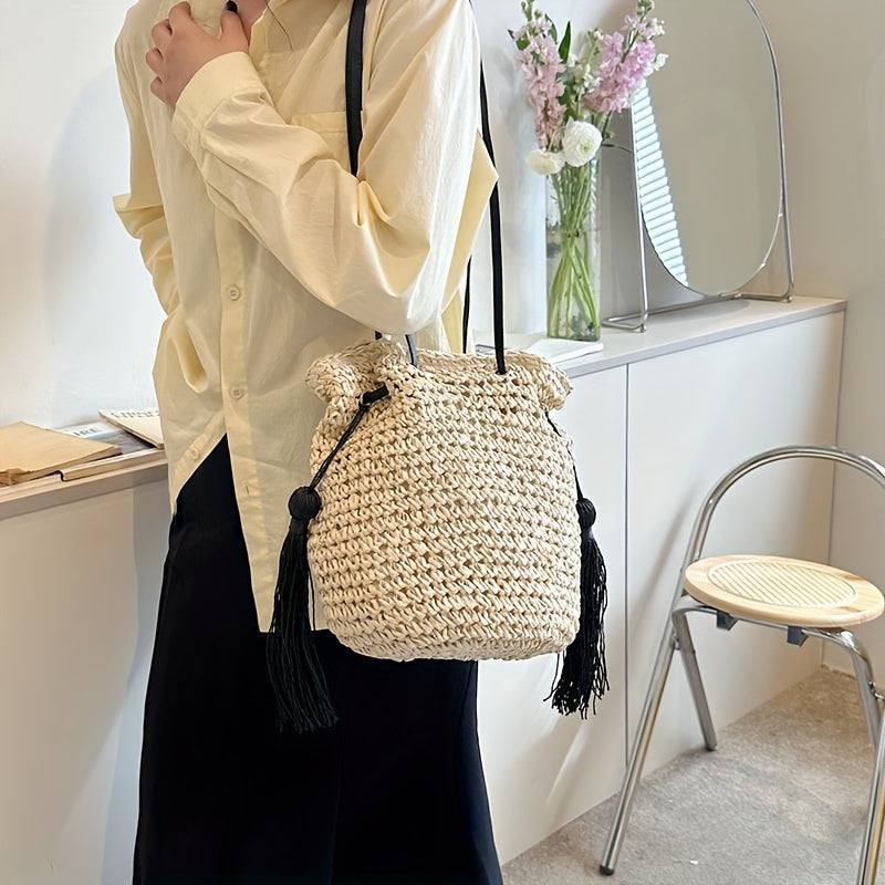 Trendy Drawstring Bucket Bag, Retro Woven Paper Straw Bag, Boho Style Shoulder Bag For Travel Vacation Beach