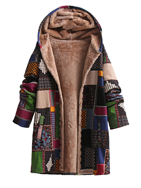 Plus Size Boho Chic Coat - Stylish Patchwork Print with Fleece Lining, Long Sleeve Button Up Hooded Tunic featuring Practical Pockets for Women