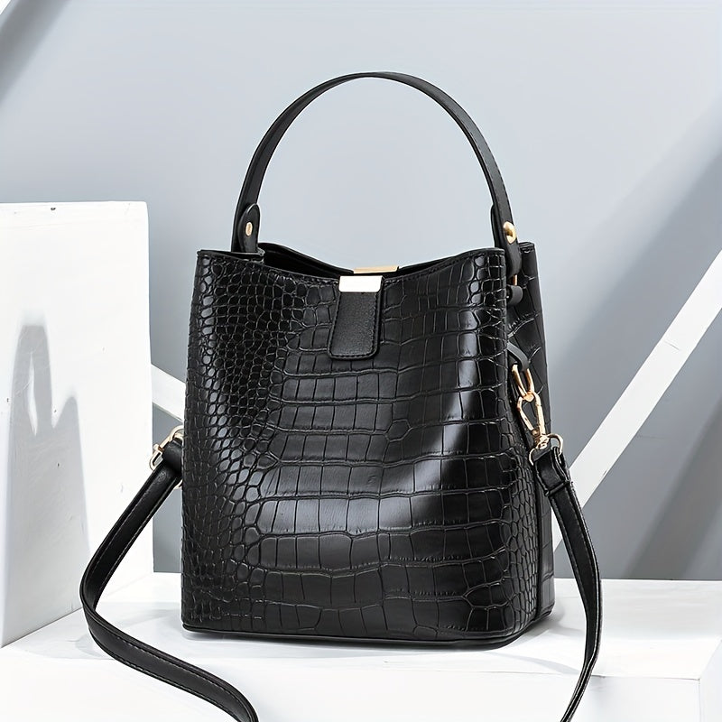 Croc Embossed Bucket Bag, Faux Leather Shoulder Bag Women's Trendy Crossbody Bag