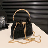 Trendy Rhinestone Decor Bucket Bag, Glitter Chain Crossbody Bag, Top Ring Clutch Purse