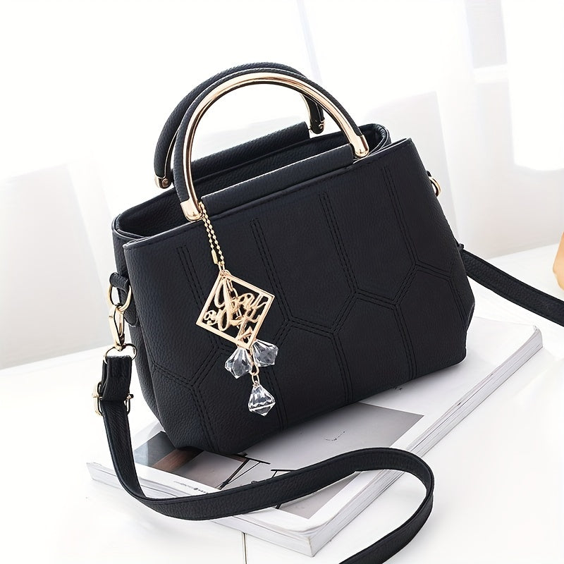 realaiot  Luxury Embroidery Handbag For Women, Small Vegan Leather Crossbody Bag, Top Handle Satchel Purse With Pendant