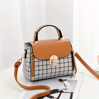 realaiot  Plaid Pattern Portable Handbag, Faux Leather Flap Shoulder Bag, Fashion Adjustable Strap Crossbody Bag