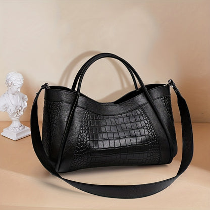 realaiot  Black Crocodile Embossed Handbag, Large Capacity Zipper Tote Bag, Genuine Leather Detachable Strap Crossbody Bag