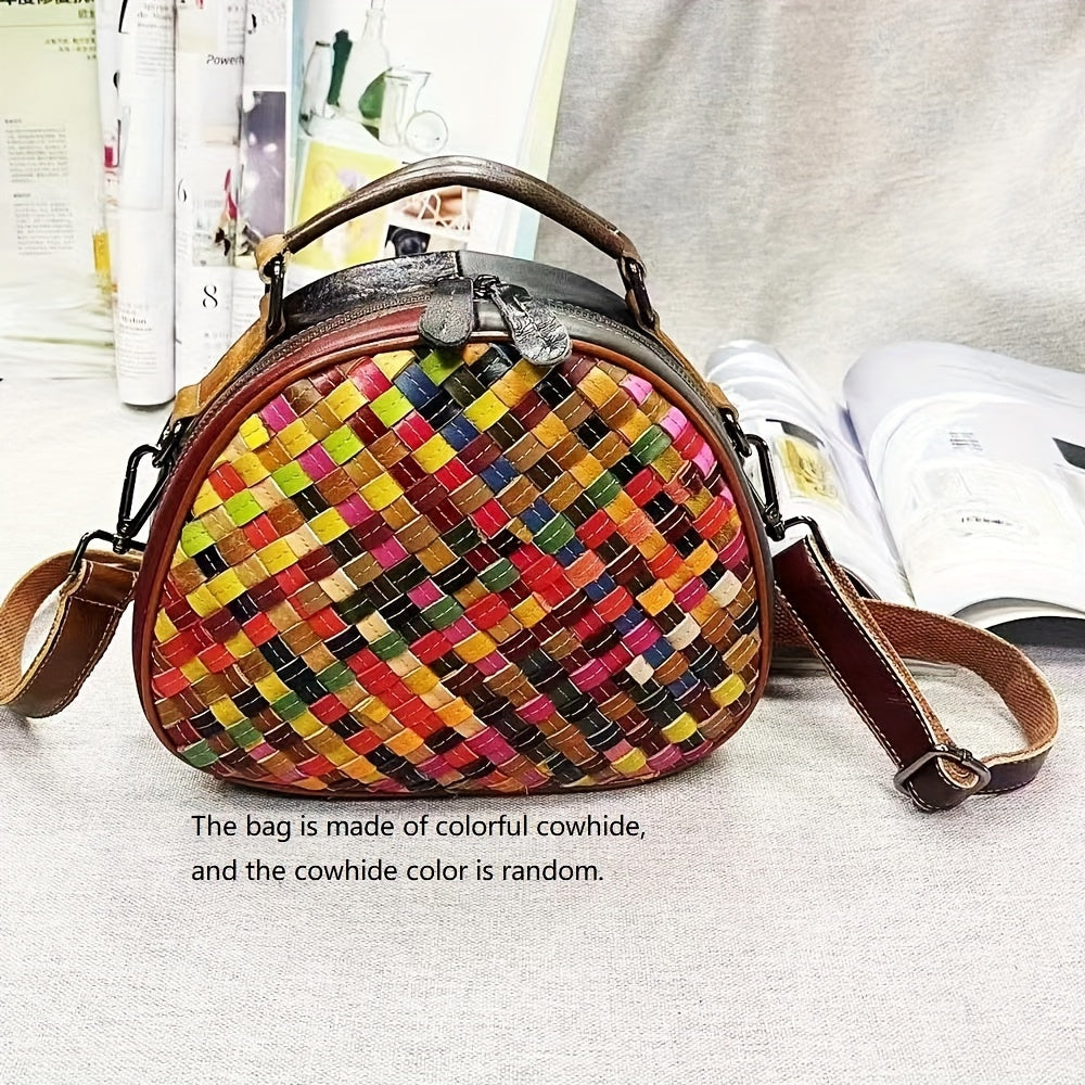 Bohemian Woven Shell Handbag, Genuine Leather Crossbody Bag, Retro Ethnic Style Colorful Dome Purse For Women