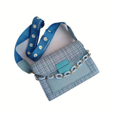 realaiot  Plaid Pattern Square Bag, Wide Strap Crossbody Bag, Women's Chain Decor Flap Purse