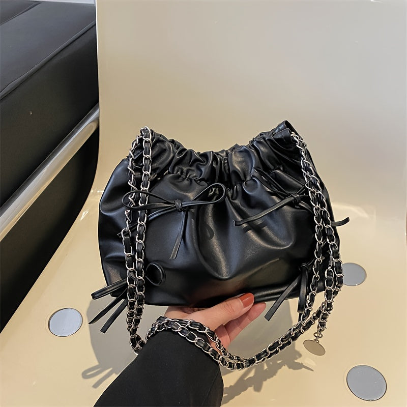 realaiot  Cloud Ruched Bucket Bag For Women, Trendy Drawstring Crossbody Bag, Sweet Bowknot Decor Mini Handbag