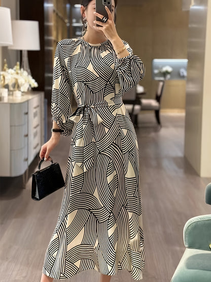 realaiot  Allover Print Belted Maxi Dress, Crew Neck Long Sleeve Elegant Dress, Women's Clothing