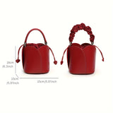 Luxury Genuine Leather Bucket Bag, Women's Mini Drawstring Handbag, Fashion Petal Cylinder Shoulder Purse