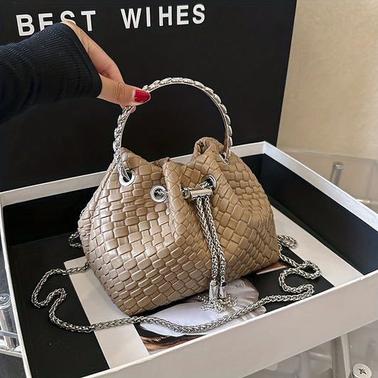 realaiot Mini Woven Bucket Bag For Women, Trendy Rhinestone Handbag, PU Leather Crossbody Bag With Chain Strap