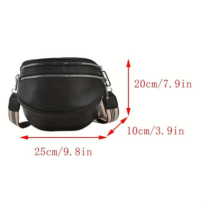 realaiot  Fashion Double Zipper Fanny Pack, Women's Faux Leather Crossbody Bag With Wide Strap