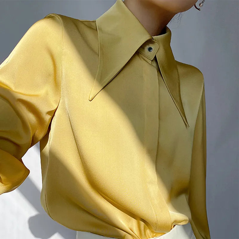 Women's Blouses Shirts Autumn Vintage Satin Silk Women Shirt Elegant Turn Down Collar Woman Blouse White Long Sleeve Ladies Shirts Tops Blusas 16946 230505