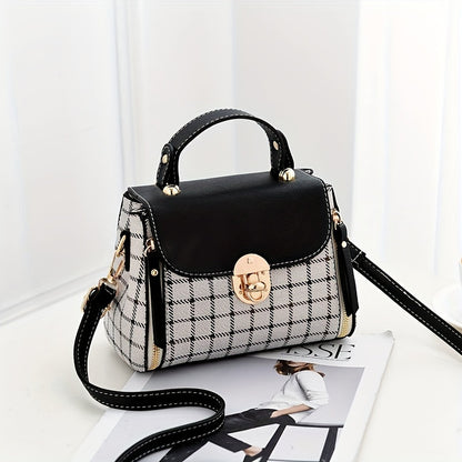 realaiot  Plaid Pattern Portable Handbag, Faux Leather Flap Shoulder Bag, Fashion Adjustable Strap Crossbody Bag