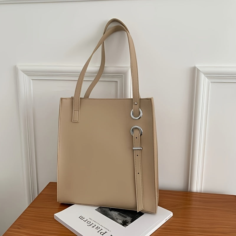 Minimalist Tote Bag For Women, Retro Solid Color Shoulder Bag, Stylish PU Leather Handbag