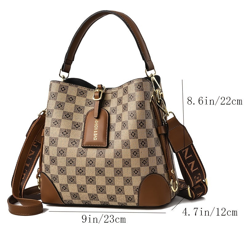 realaiot  Allover Pattern Portable Handle Bucket Bag, Stylish Zipper Crossbody Bag, Large Capacity Versatile Shoulder Bag