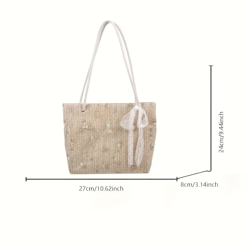 realaiot Straw Woven Tote Bag, Lace Decor Shoulder Bag, Women's Casual Handbag For Travel Beach